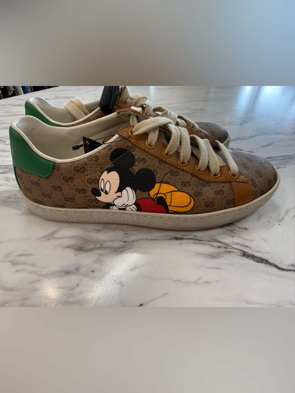 Gucci Brown Logo Kids Sneakers with Mickey Mouse and Green Heel